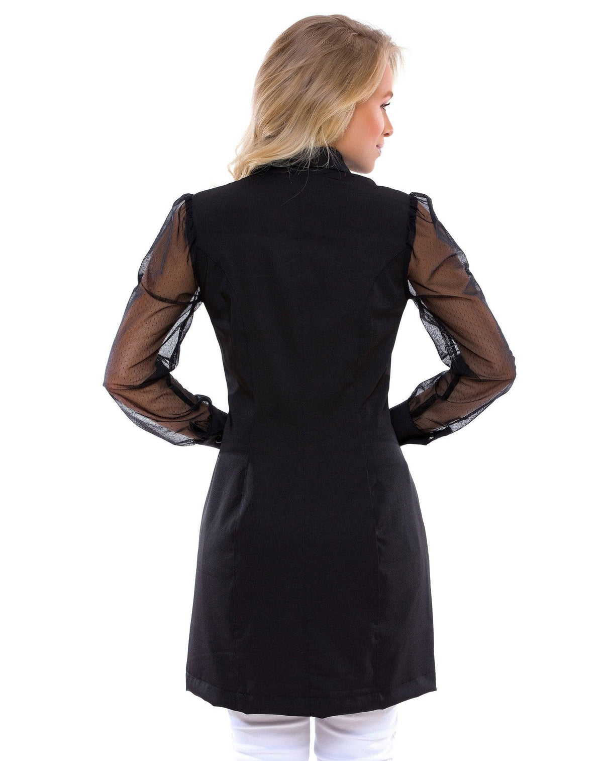 Jaleco feminino Jasmine preto visto de costas, com recortes acinturados e mangas longas de tela transparente — foto 5