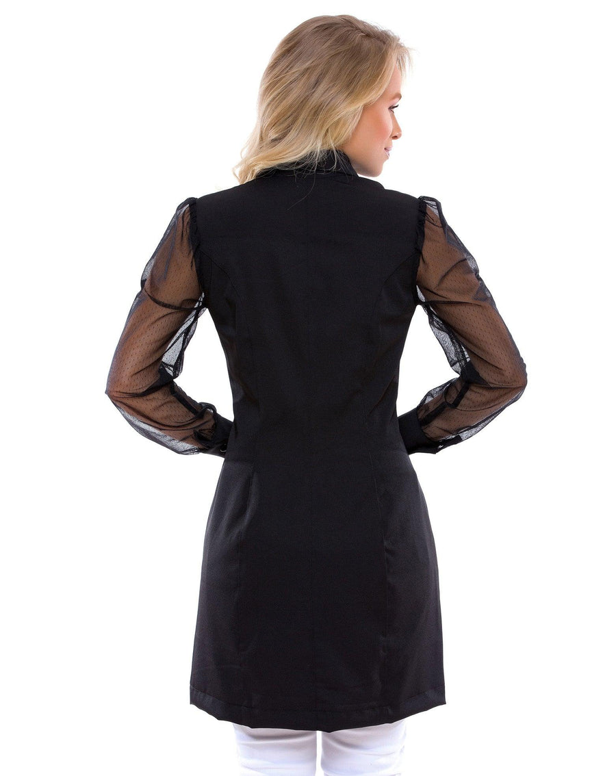 Jaleco feminino Jasmine preto visto de costas, com recortes acinturados e mangas longas de tela transparente