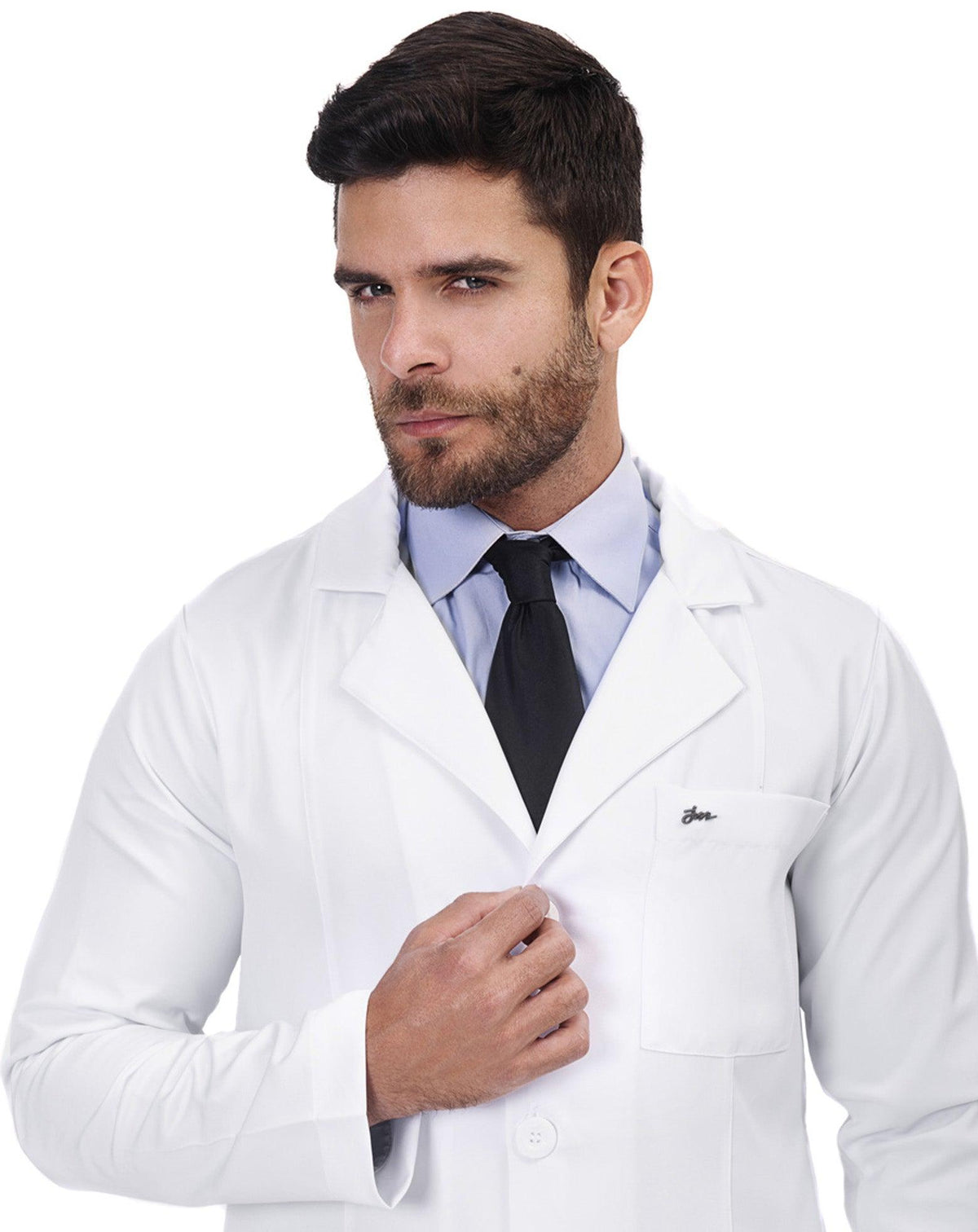 Jaleco masculino Man Básic Social branco em detalhe da gola de lapela, bolso no peito, modelo de camisa e gravata