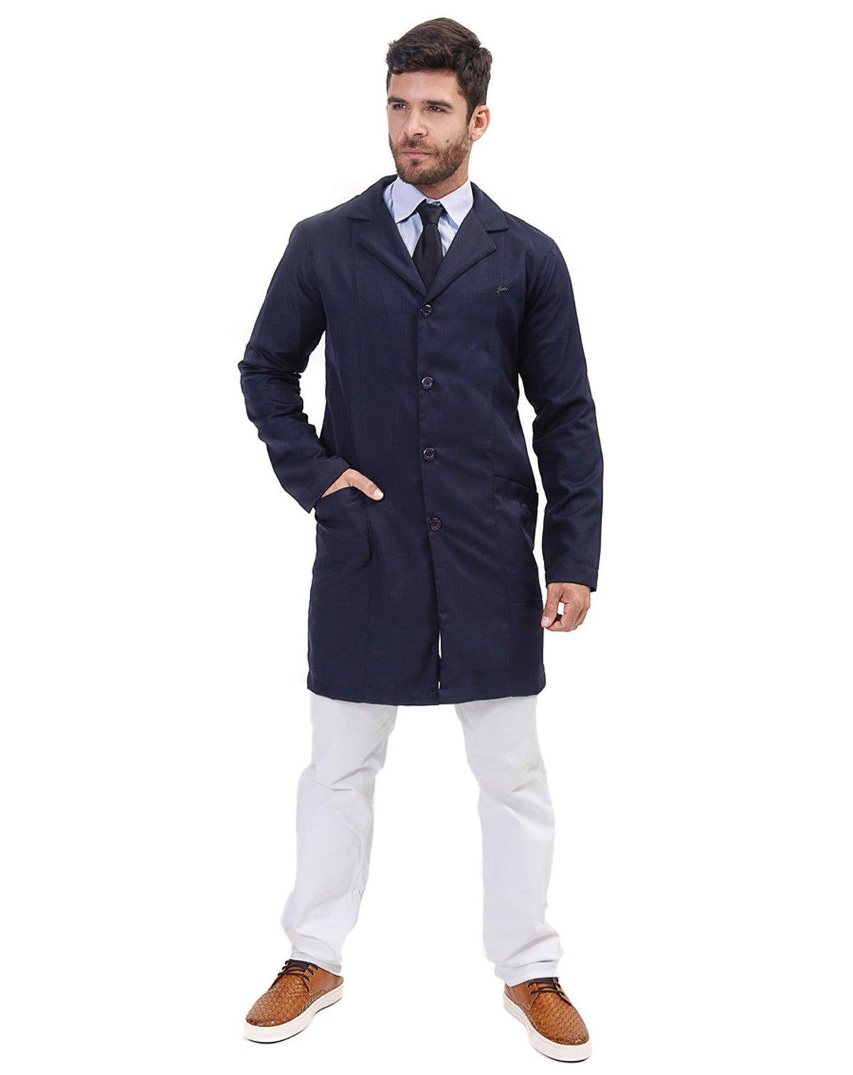Jaleco masculino Man Elegance azul marinho de corpo inteiro, fechado com botões, lapela e bolsos frontais — foto 2