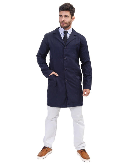 Jaleco masculino Man Elegance azul marinho de corpo inteiro, fechado com botões, lapela e bolsos frontais