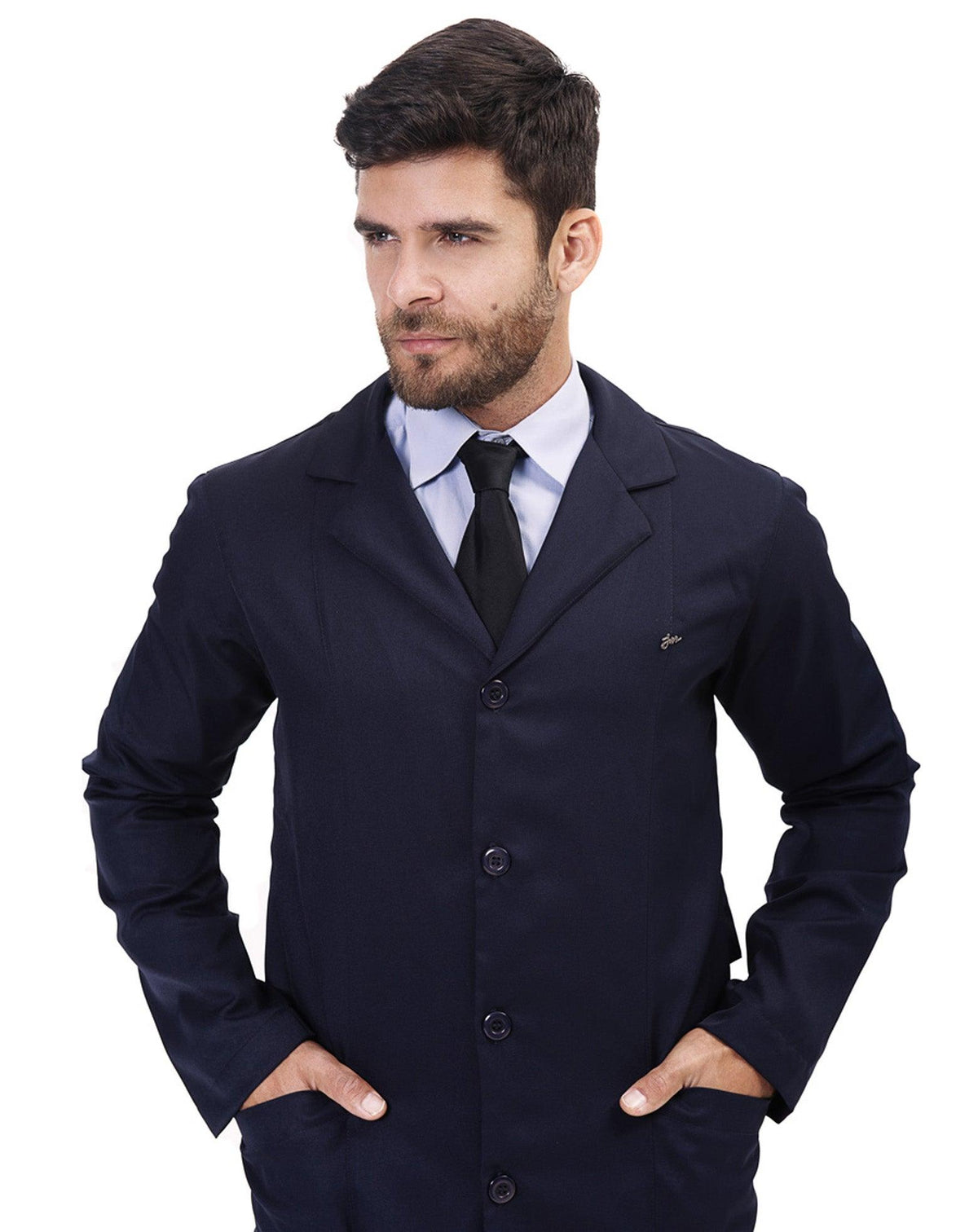 Jaleco masculino Man Elegance azul marinho em detalhe da lapela e botões, modelo de camisa e gravata — foto 3