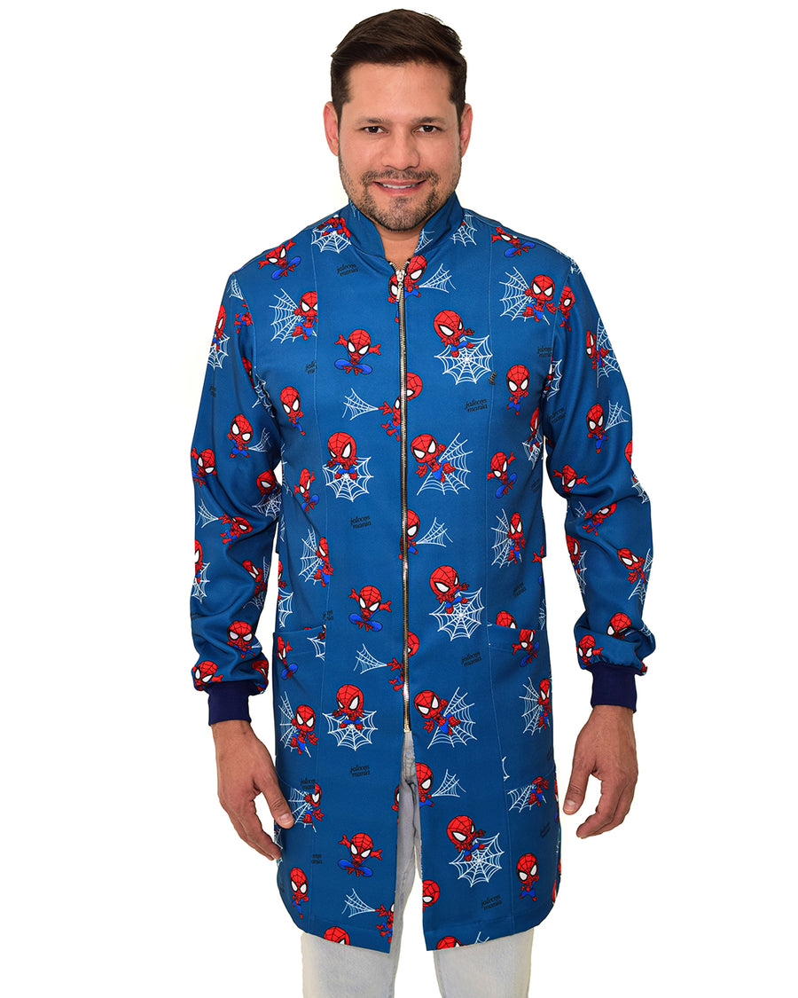 Jaleco masculino Man estampado Homem Aranha de frente em meio corpo, gola esportiva com zíper e estampa de teias