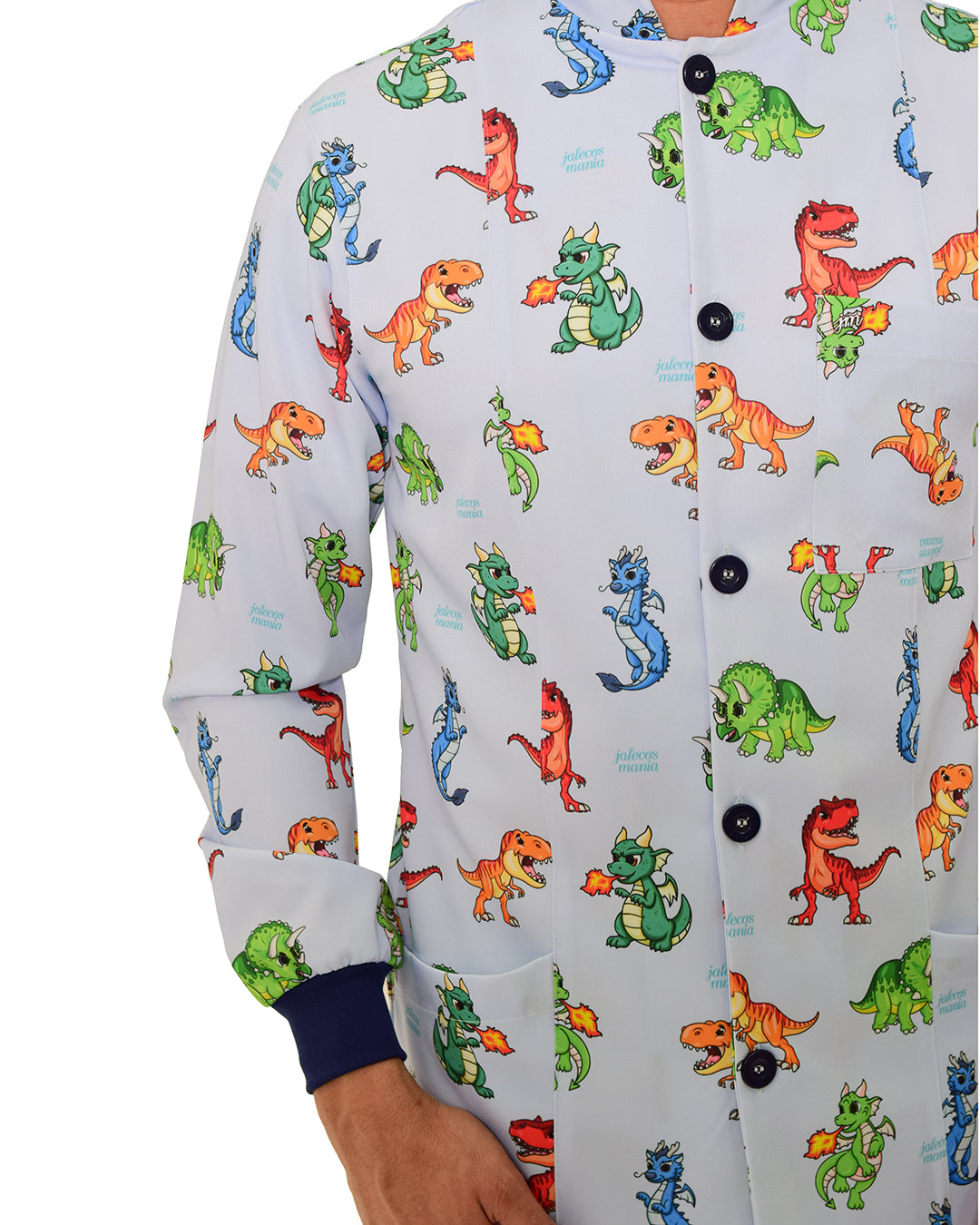 Jaleco masculino Man estampado Jurássico em detalhe da estampa de dinossauros e dragões, com botões azul marinho — foto 5