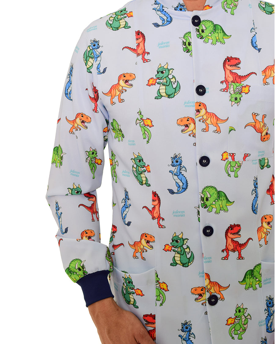 Jaleco masculino Man estampado Jurássico em detalhe da estampa de dinossauros e dragões, com botões azul marinho