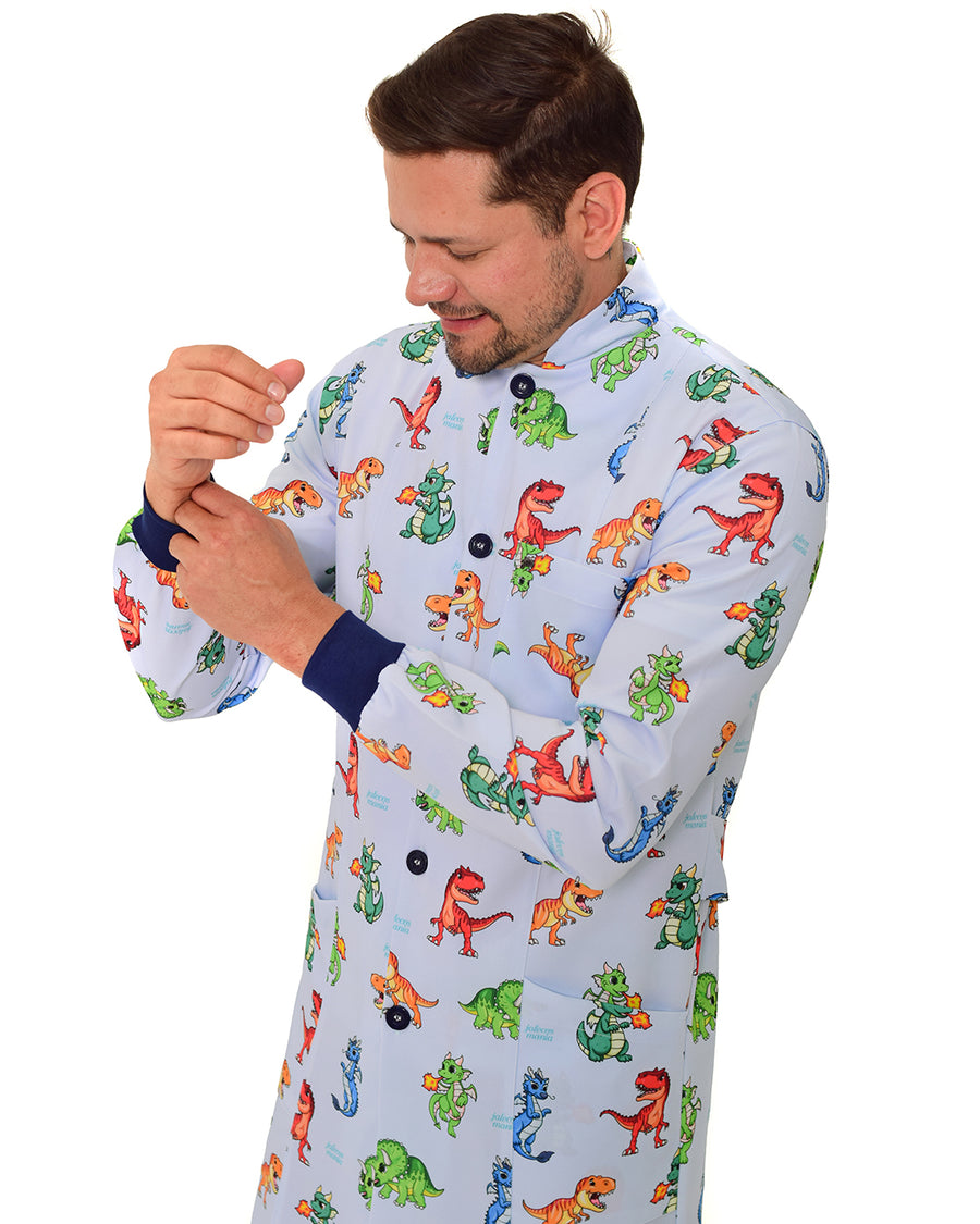 Jaleco masculino Man estampado Jurássico em detalhe do punho azul em ribana, com dinossauros e dragões na estampa