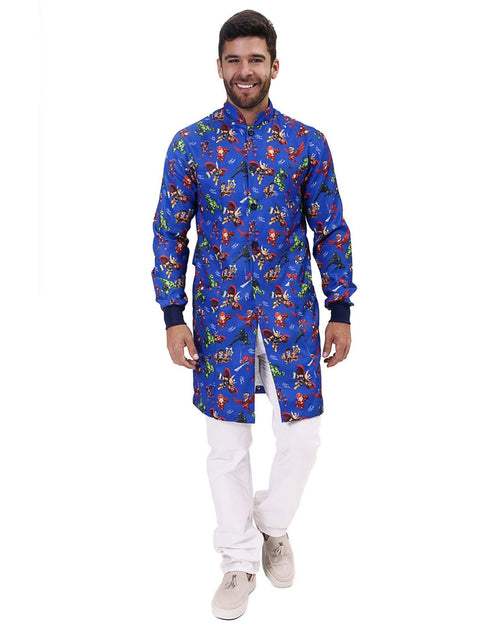 Jaleco masculino Man estampado Super Heróis de corpo inteiro, gola padre e comprimento até o joelho