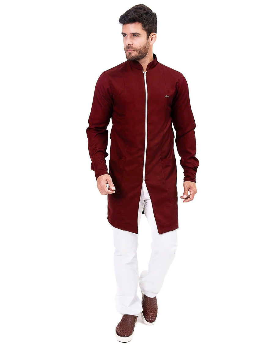 Jaleco masculino Man Smooth bordô frontal de corpo inteiro, com zíper branco e bolsos frontais espaçosos