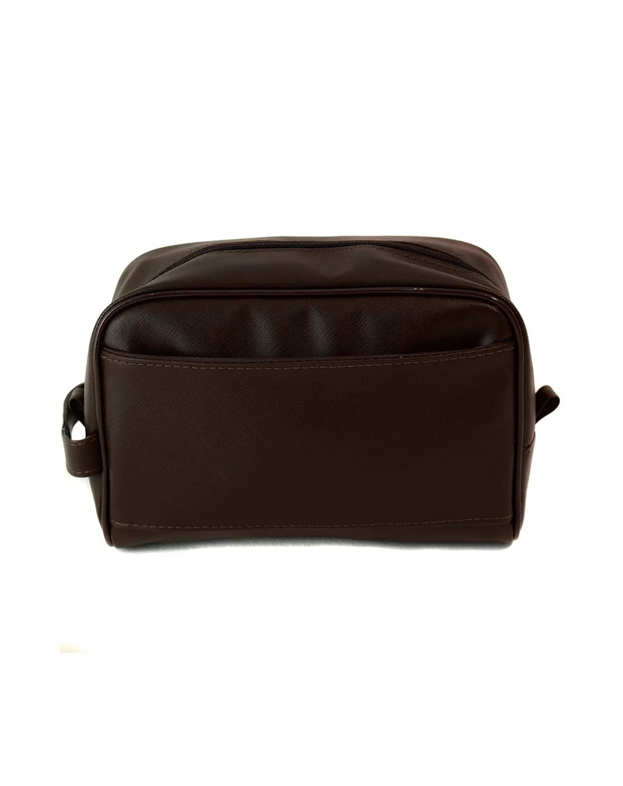 Necessaire Masculina Joy Marrom vista por trás, com bolso aberto tipo envelope e alça lateral de mão