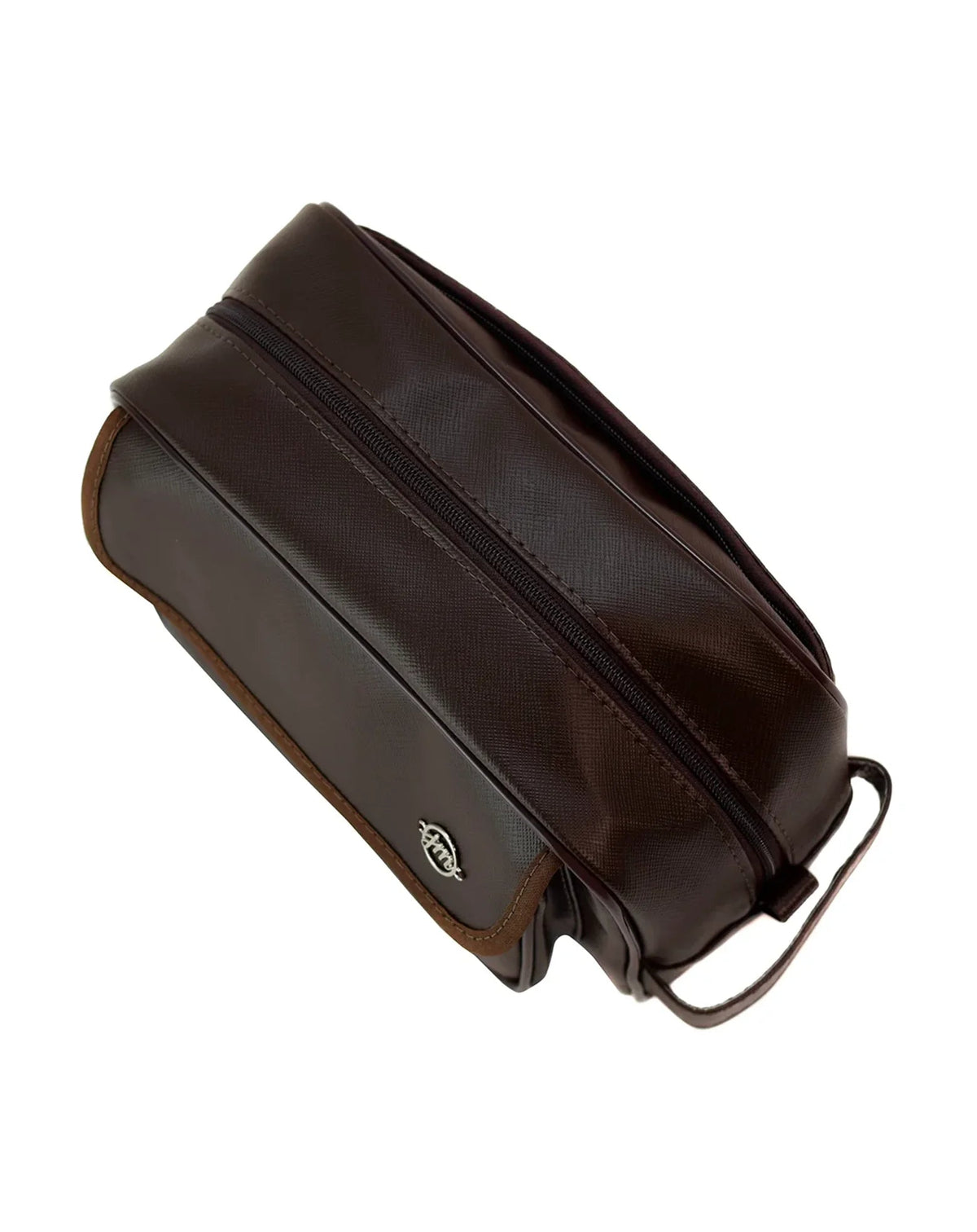 Necessaire Masculina Joy Marrom vista de cima, mostrando o zíper de abertura ampla e a alça lateral — foto 2