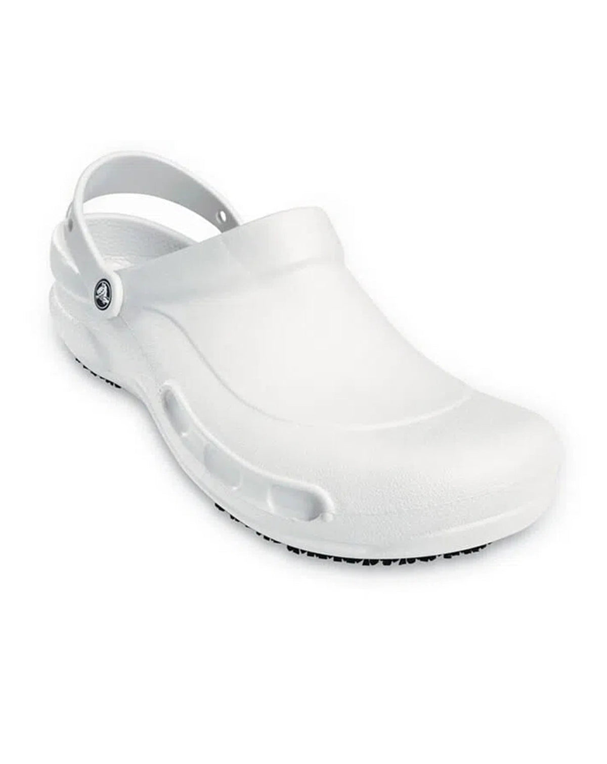 Sandália Crocs Bistro Clog White branca em ângulo frontal mostrando o bico fechado sem furos e a tira traseira — foto 2