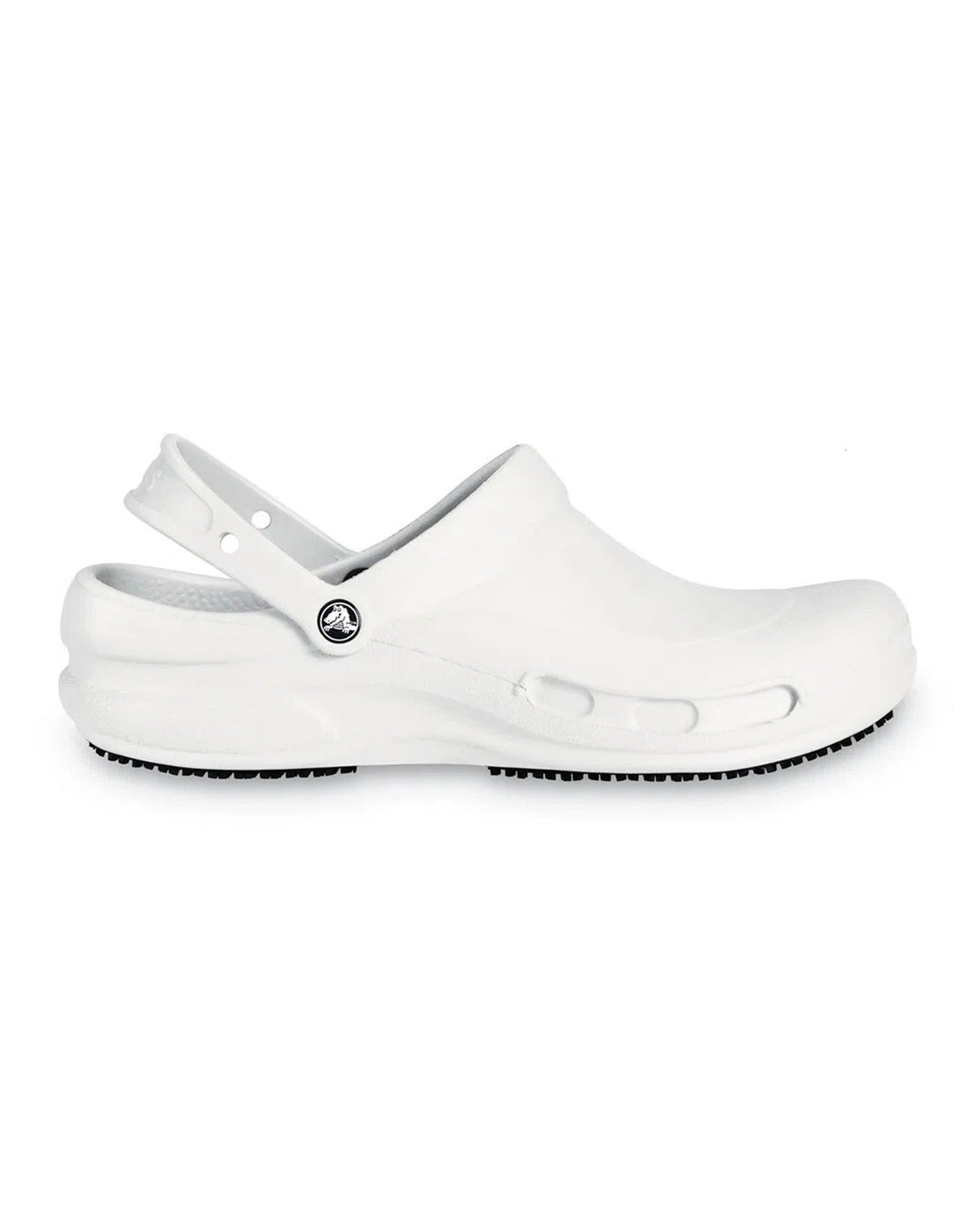 Sandália Crocs Bistro Clog White branca em vista lateral com tira traseira ajustável e solado preto antiderrapante