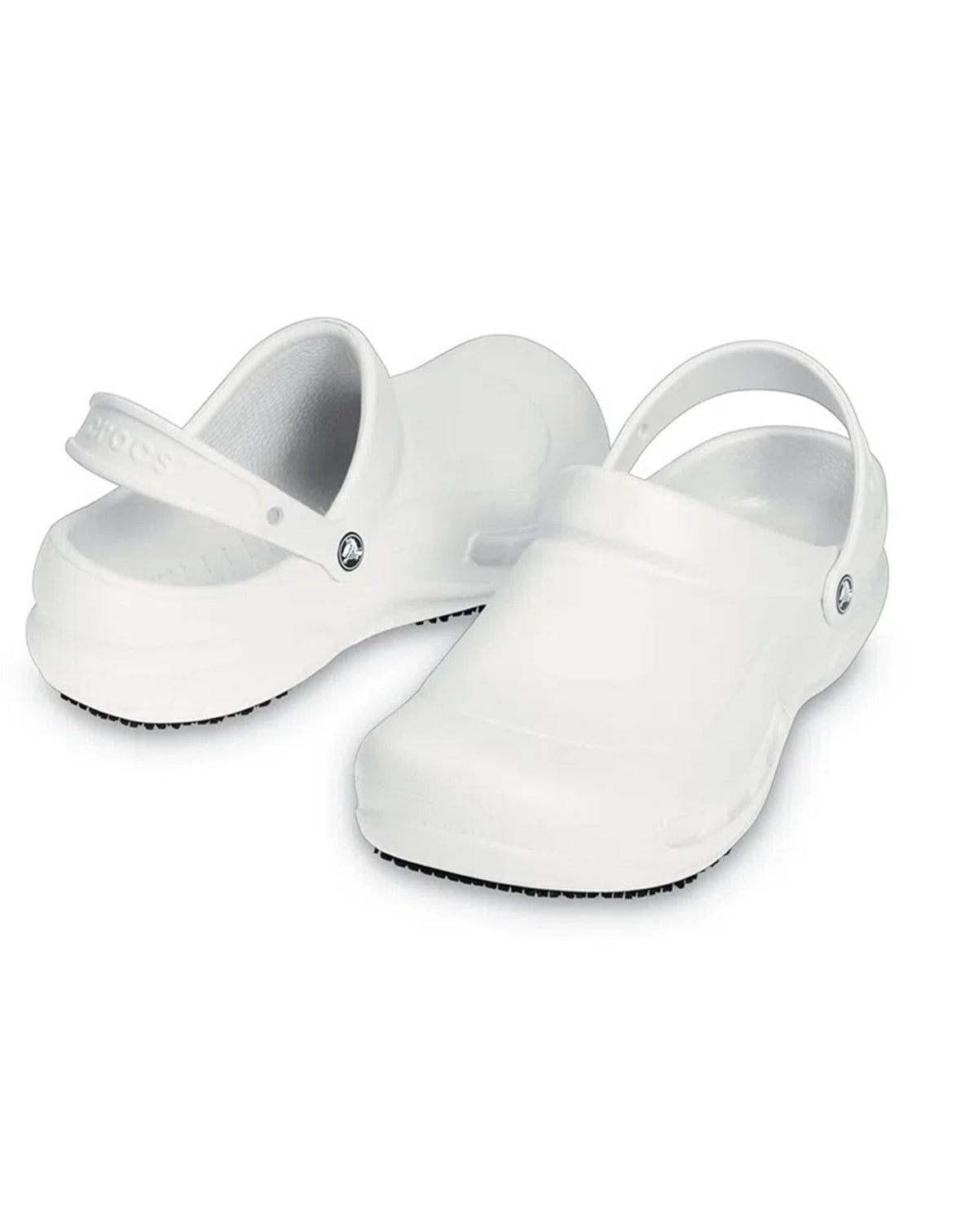 Par da Sandália Crocs Bistro Clog White branca em perspectiva com tiras traseiras e logo Crocs na lateral — foto 3