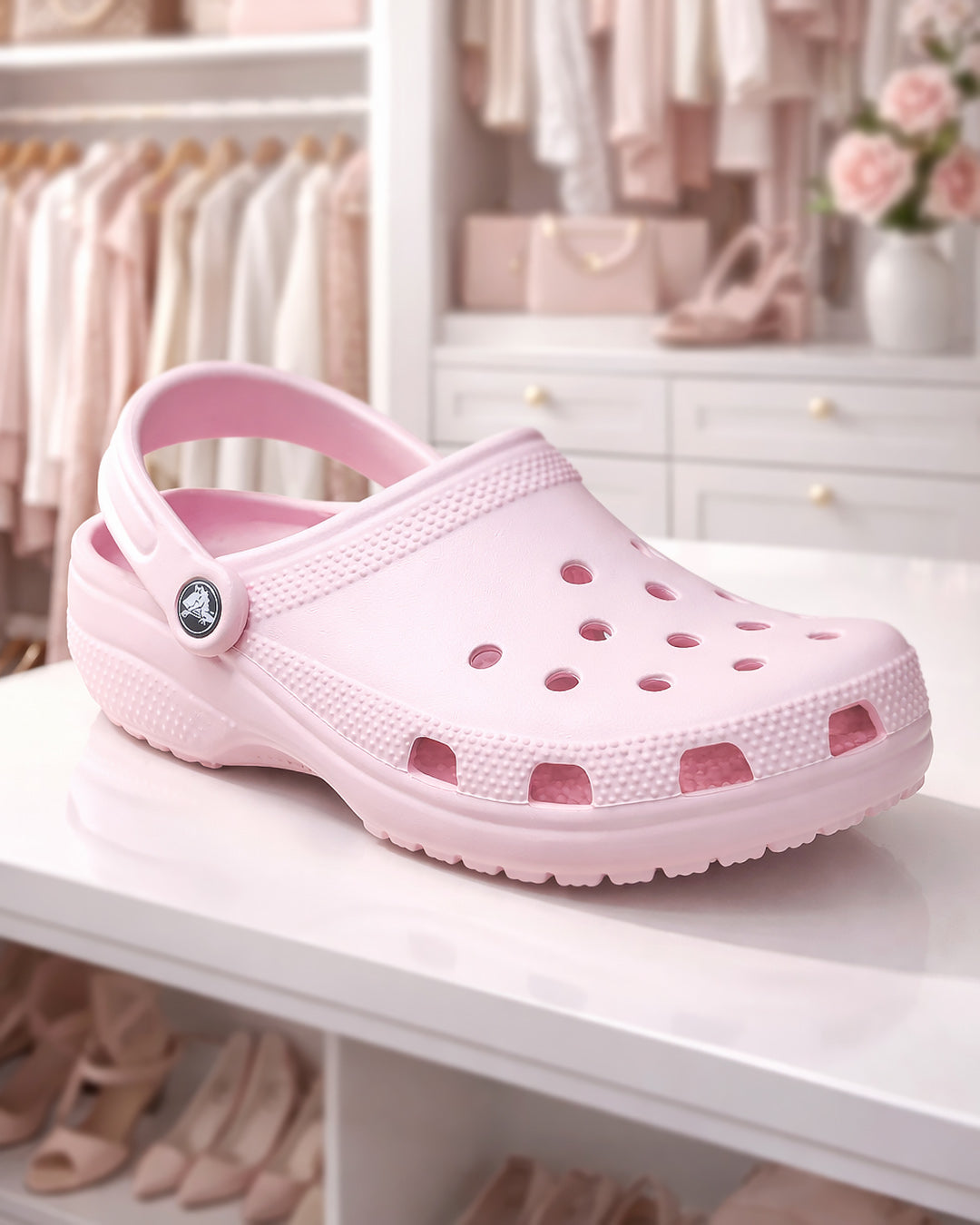 Sandália Crocs Classic Clog Pink Milk rosa claro sobre prateleira com closet ao fundo, destaque para o pino do logo — foto 5