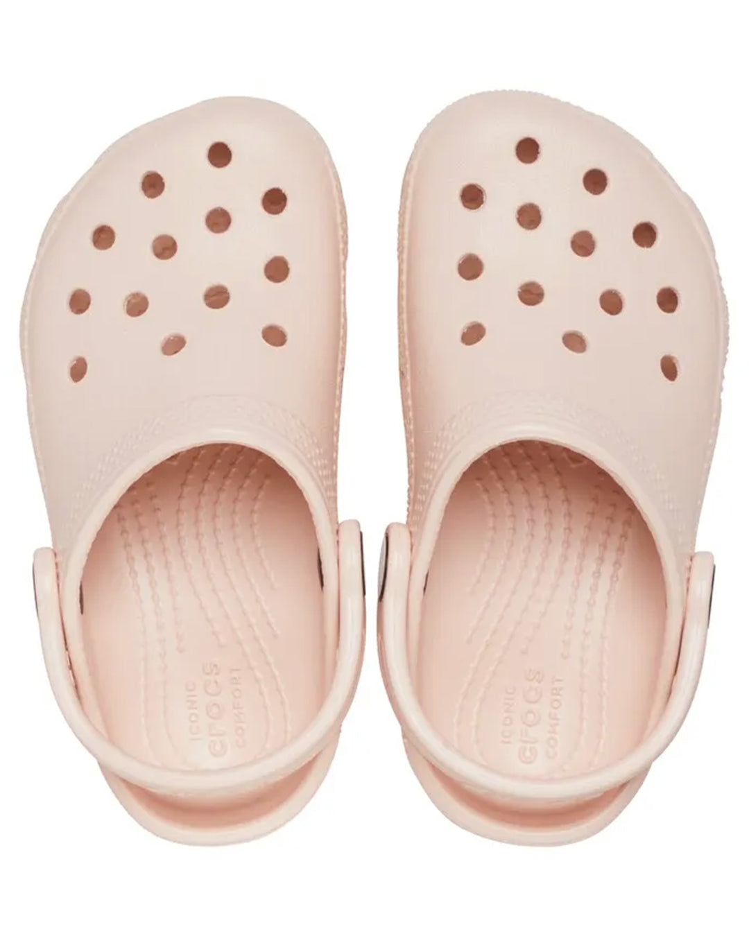 Par da Sandália Crocs Classic Clog Quartz rosa nude visto de cima com furos de ventilação e palmilha Iconic Comfort — foto 4