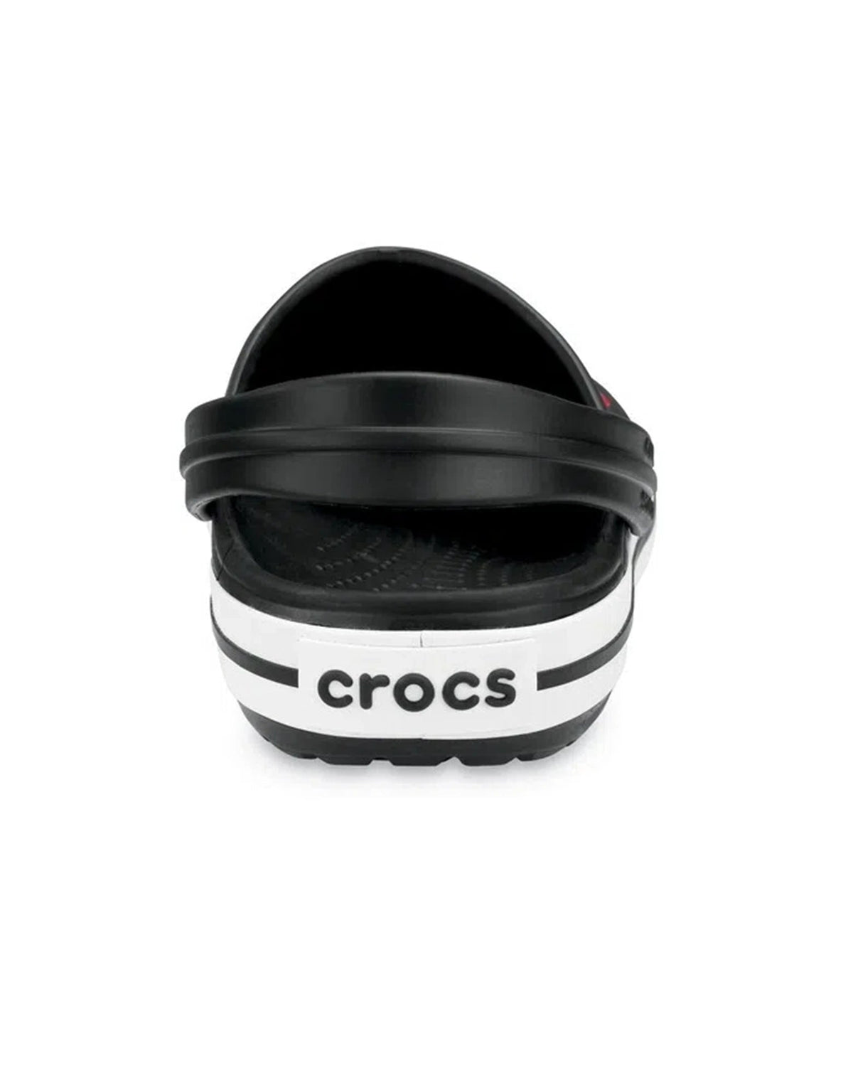 Sandália Crocs Crocband Clog Black vista de trás, tira no calcanhar e logo Crocs na entressola branca — foto 5