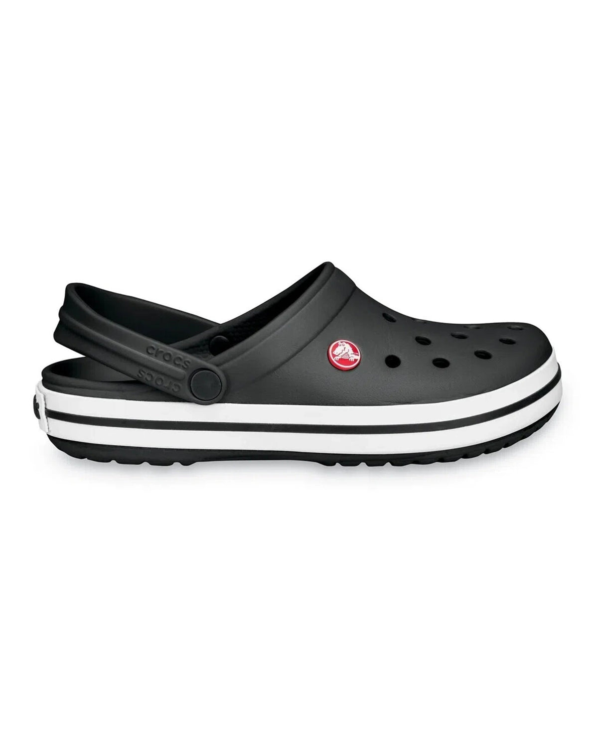 Sandália Crocs Crocband Clog Black em vista lateral, com tira no calcanhar e solado com faixa branca