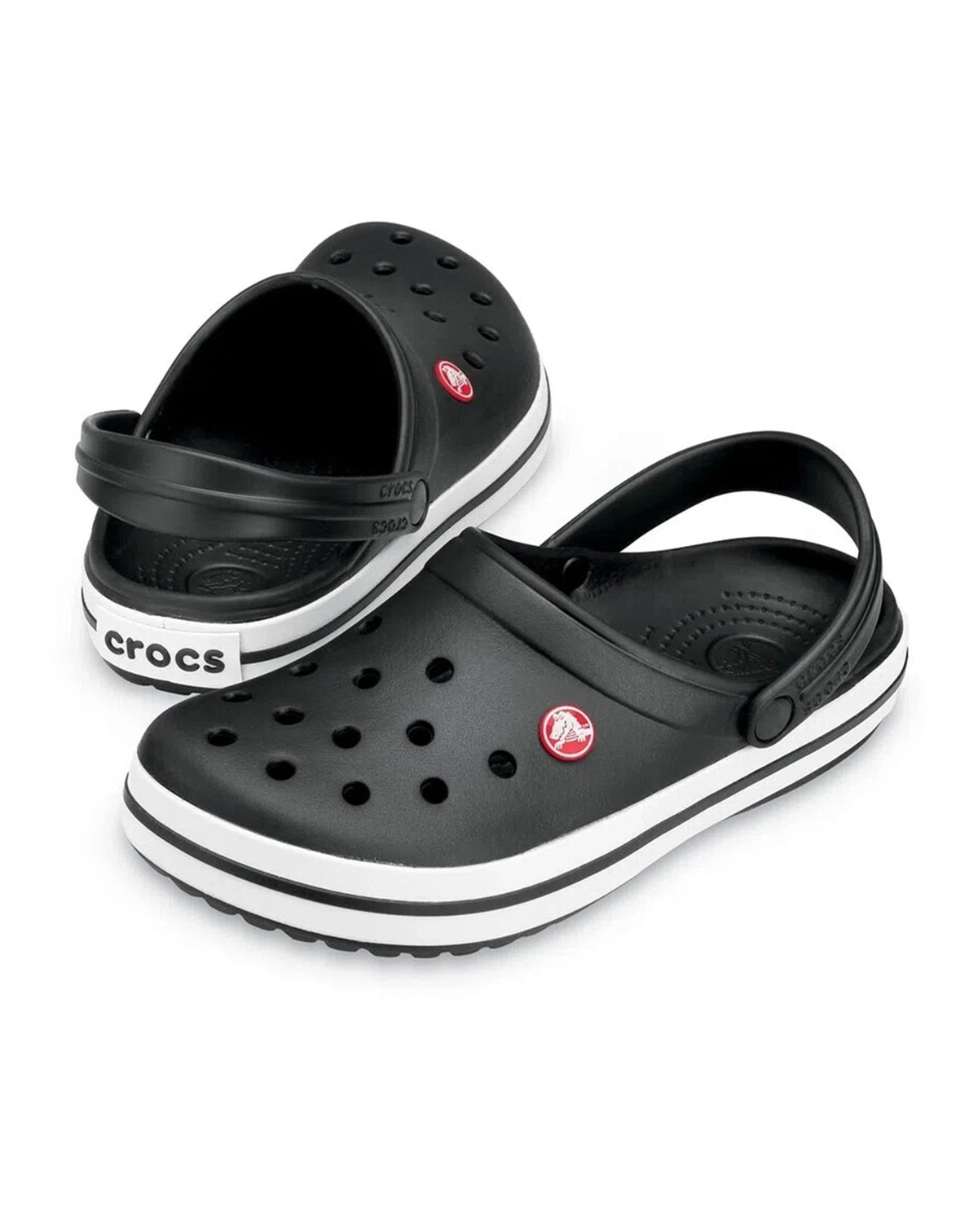 Sandália Crocs Crocband Clog Black em par, mostrando entressola branca com faixa preta e logo Crocs — foto 3