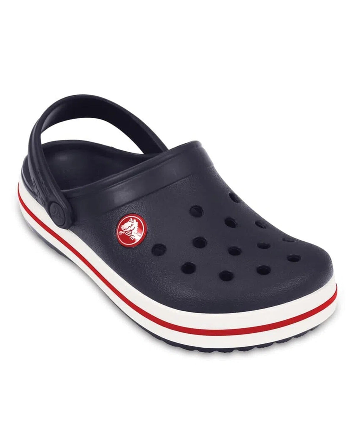 Sandália Crocs Crocband Clog Navy em ângulo frontal, com furos de ventilação e emblema Crocs na lateral — foto 3