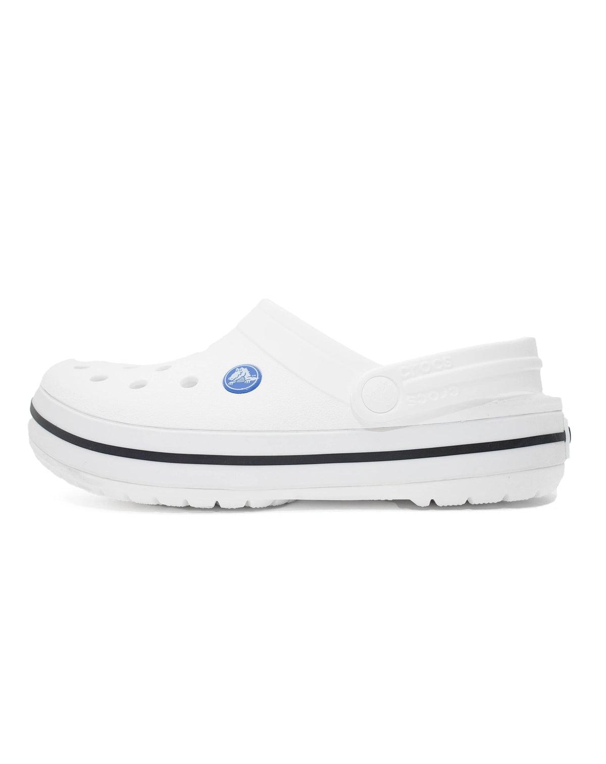 Sandália Crocs Crocband Clog White em vista lateral interna com tira giratória e listra preta no solado — foto 3