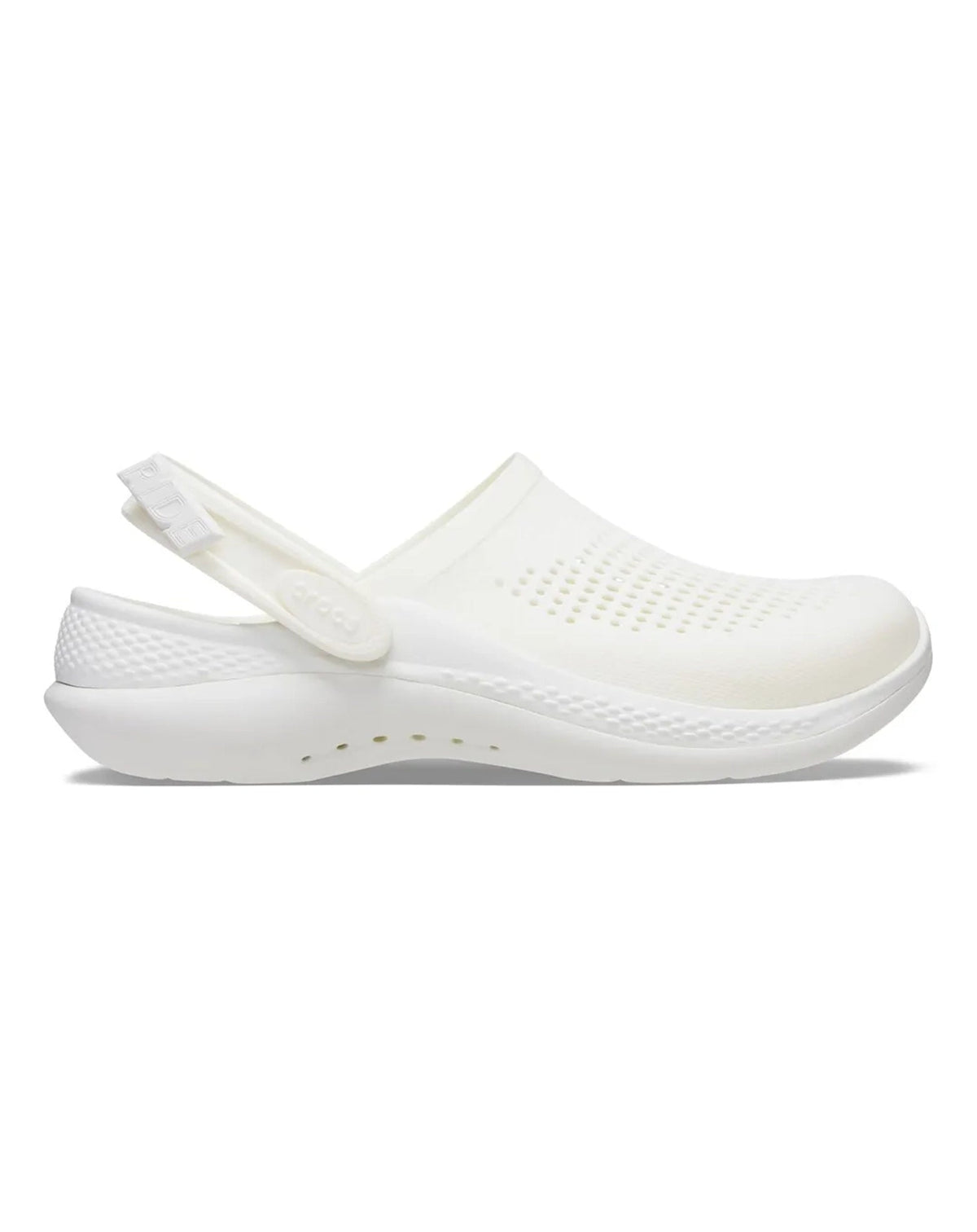 Sandália Crocs LiteRide 360 Clog Almost White vista de lado, com tira no calcanhar e cabedal perfurado