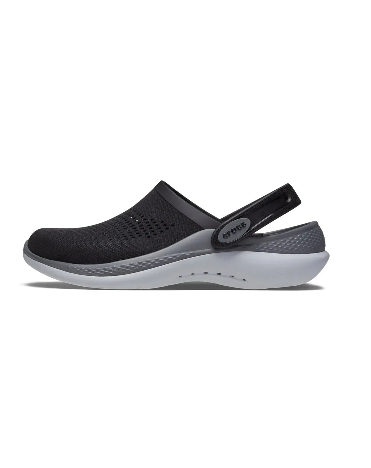 Sandália Crocs LiteRide 360 Clog Black Slate Grey em vista lateral, destacando o cabedal em tela perfurada — foto 5