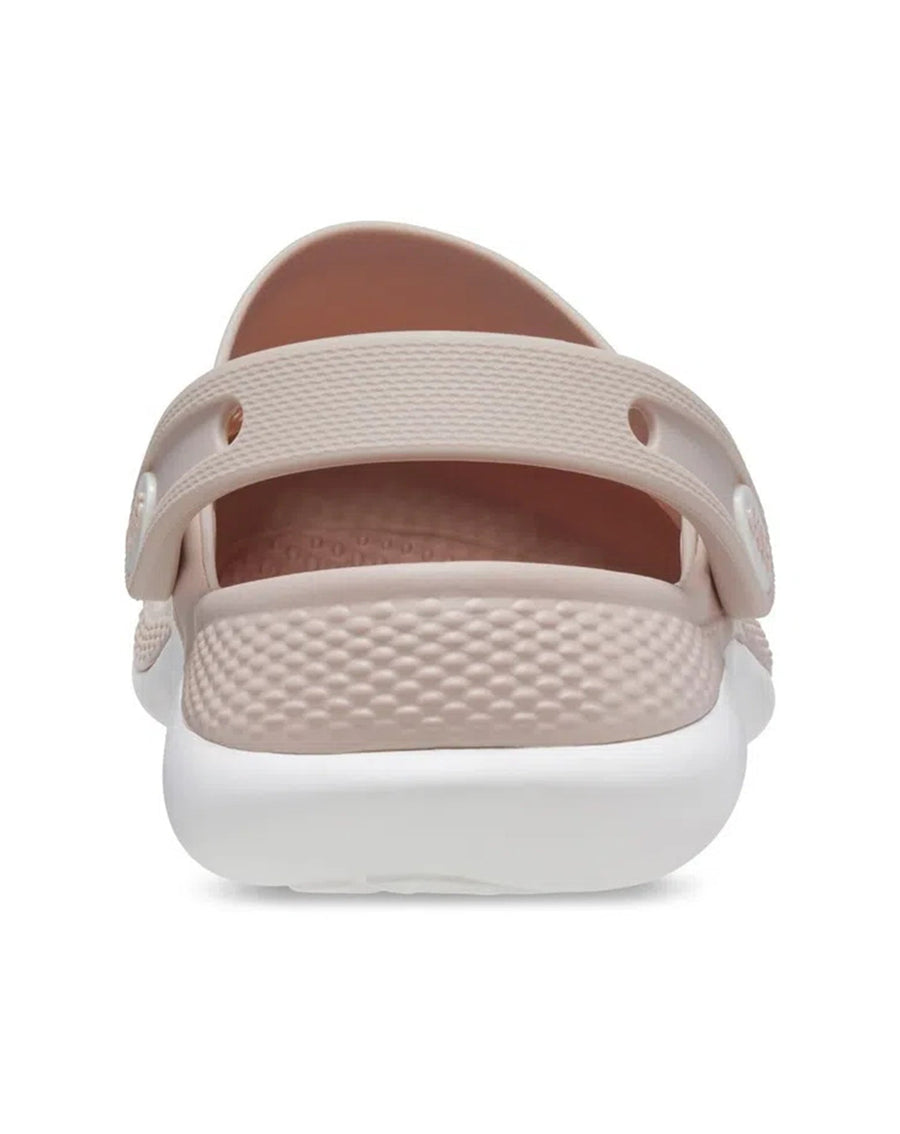 Sandália Crocs LiteRide 360 Clog Pink Clay White vista de costas, com tira larga no calcanhar e base branca