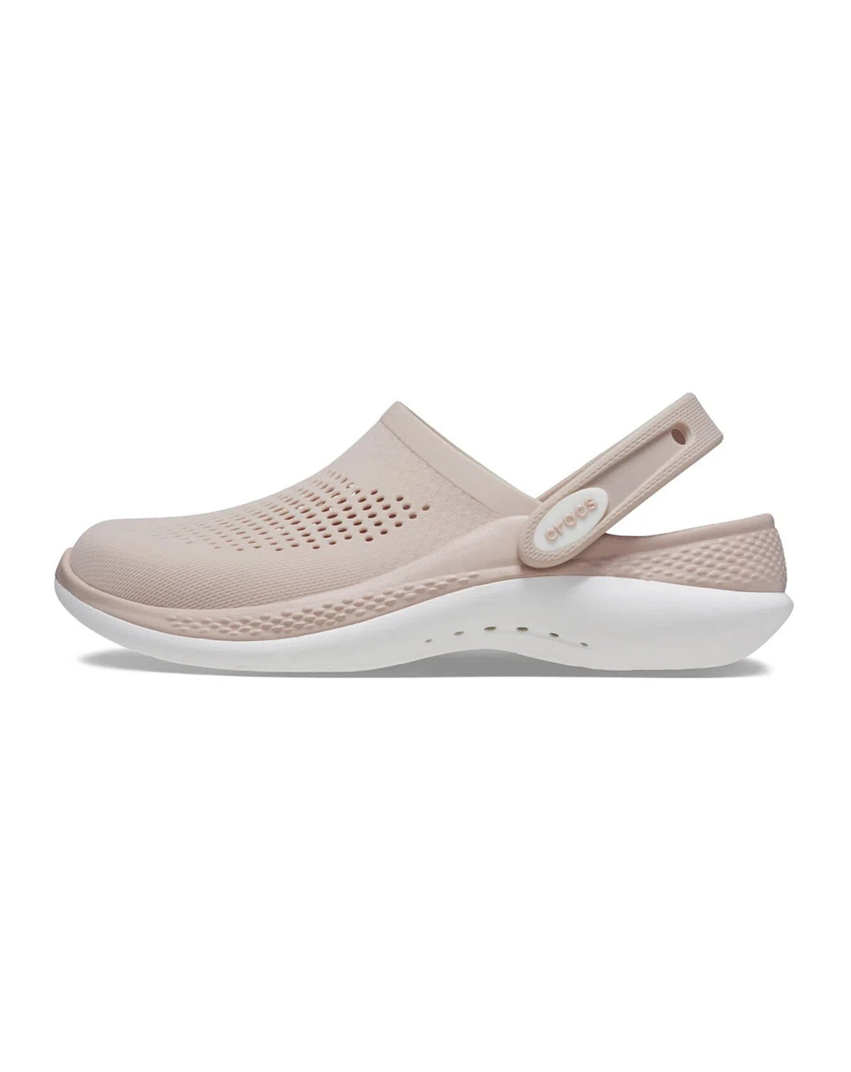 Sandália Crocs LiteRide 360 Clog Pink Clay White pela lateral interna, com tira do calcanhar e solado branco — foto 4