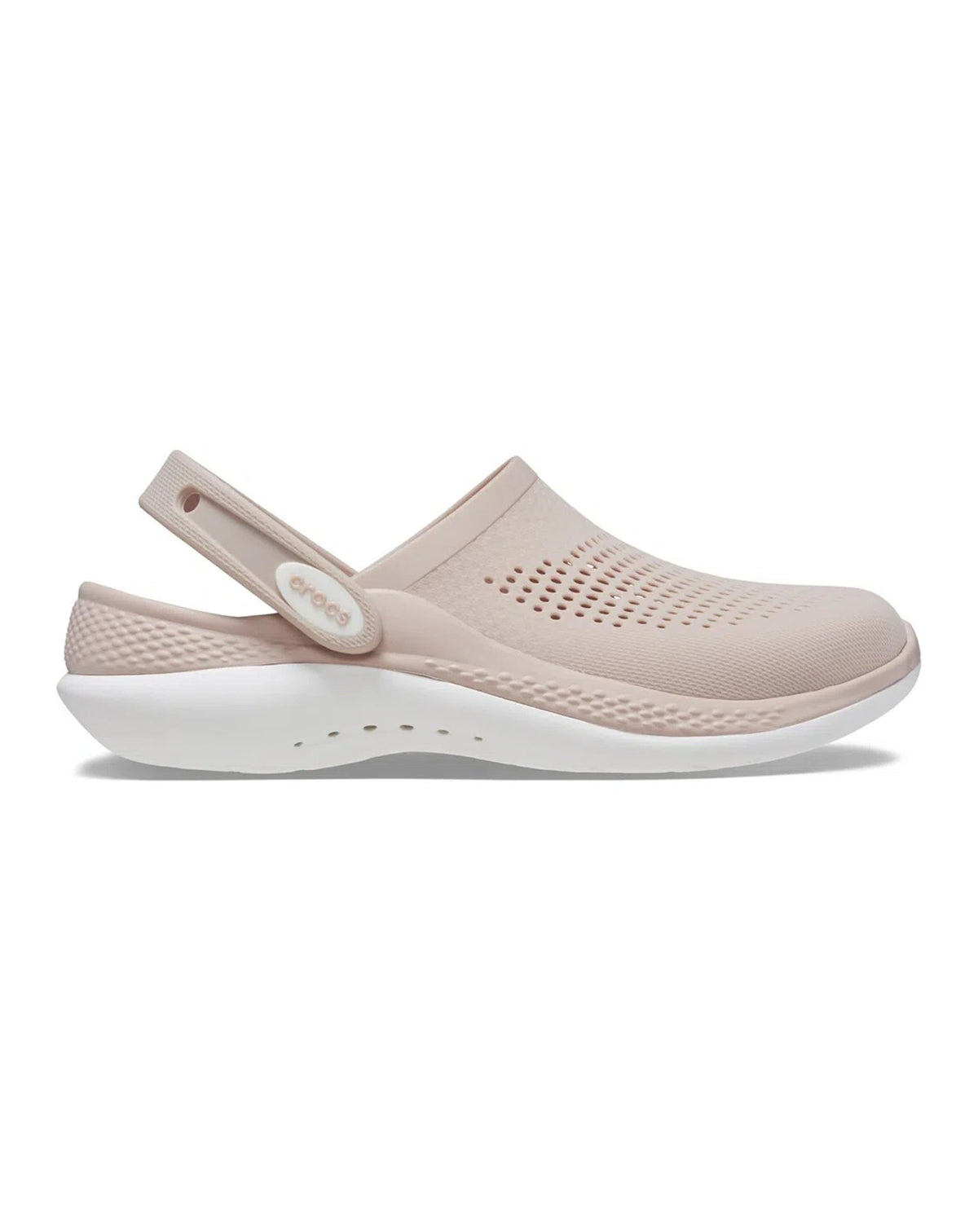 Sandália Crocs LiteRide 360 Clog Pink Clay White vista de lado, com cabedal rosa perfurado e tira no calcanhar