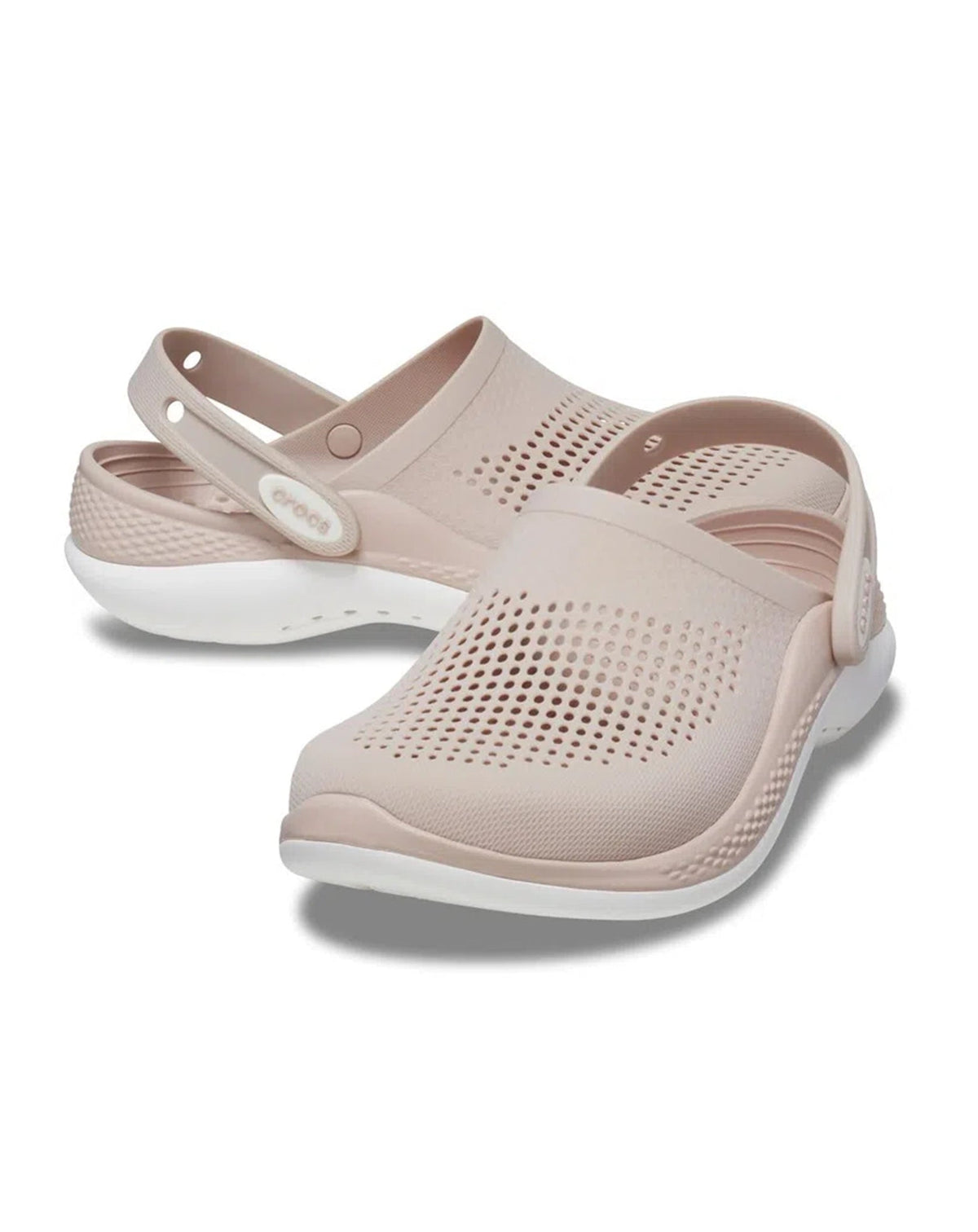 Par da Sandália Crocs LiteRide 360 Clog Pink Clay White em ângulo diagonal, com tiras ajustáveis no calcanhar — foto 2