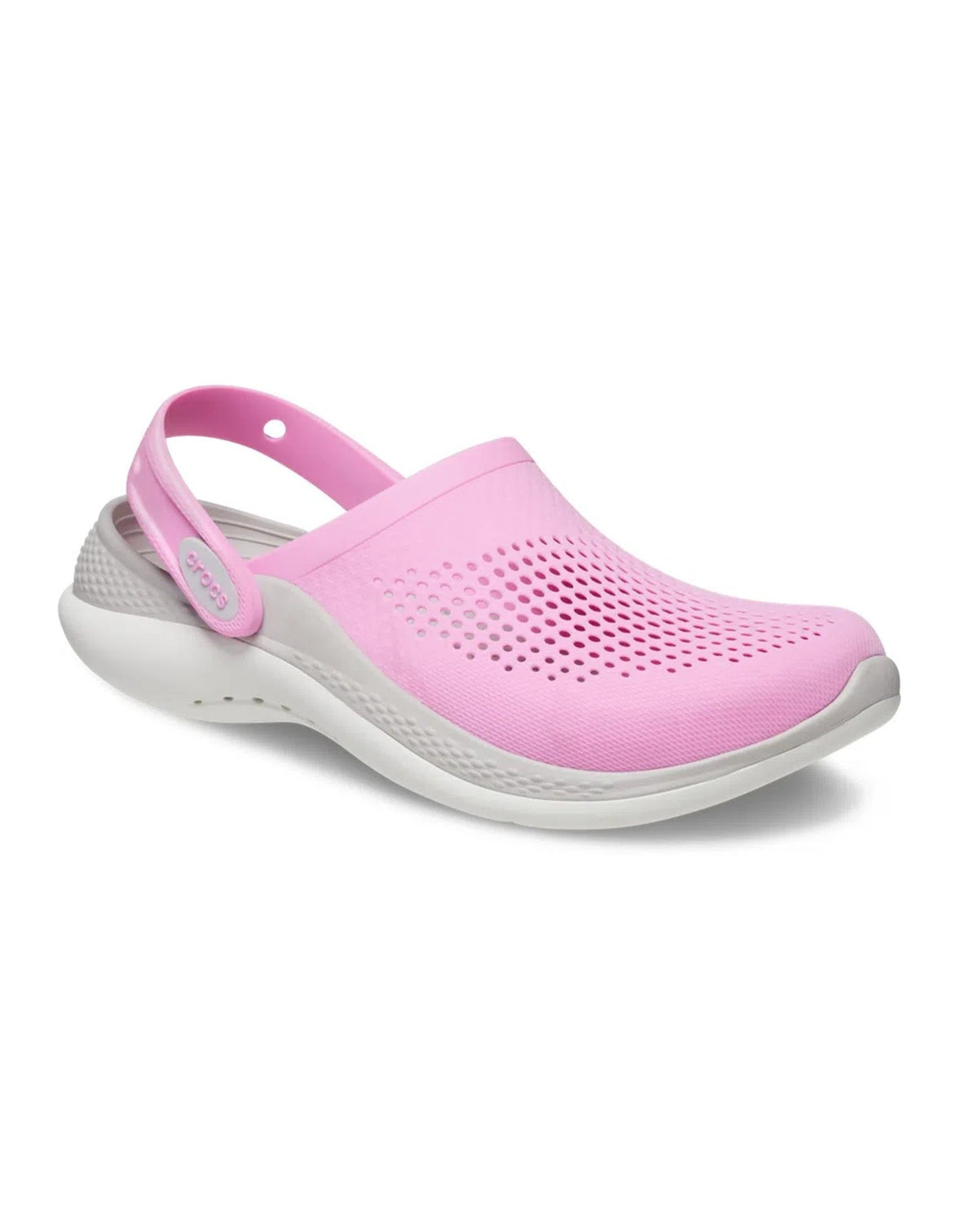 Sandália Crocs LiteRide 360 Clog Taffy Pink em ângulo frontal, destacando a microperfuração do cabedal rosa — foto 4