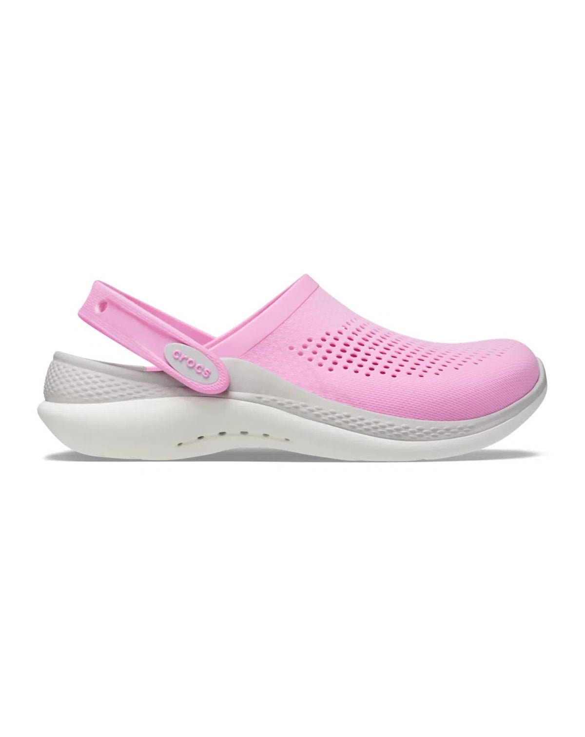 Sandália Crocs LiteRide 360 Clog Taffy Pink vista de lado, com cabedal rosa perfurado e tira no calcanhar
