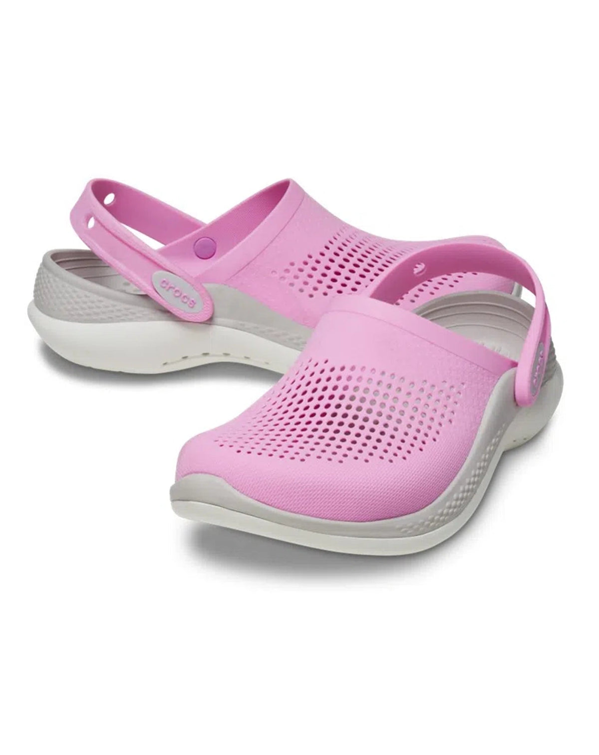 Par da Sandália Crocs LiteRide 360 Clog Taffy Pink em ângulo diagonal, com tiras ajustáveis e solado cinza claro — foto 2