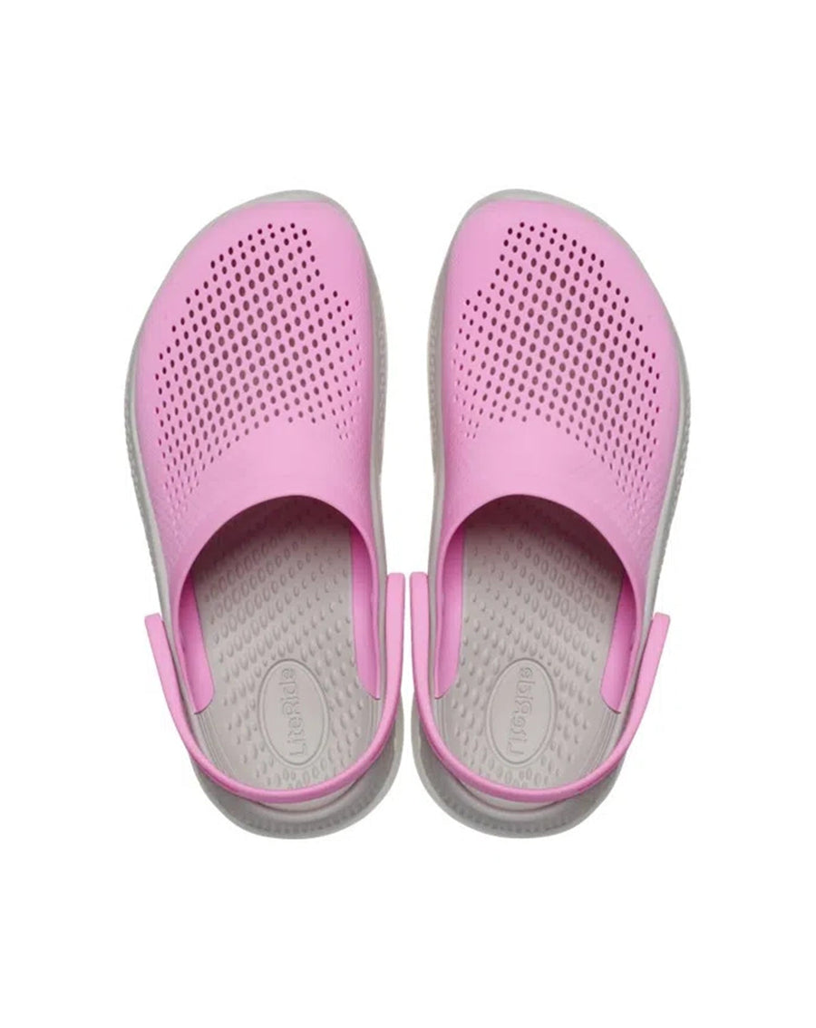 Par da Sandália Crocs LiteRide 360 Clog Taffy Pink visto de cima, com palmilha LiteRide e cabedal perfurado