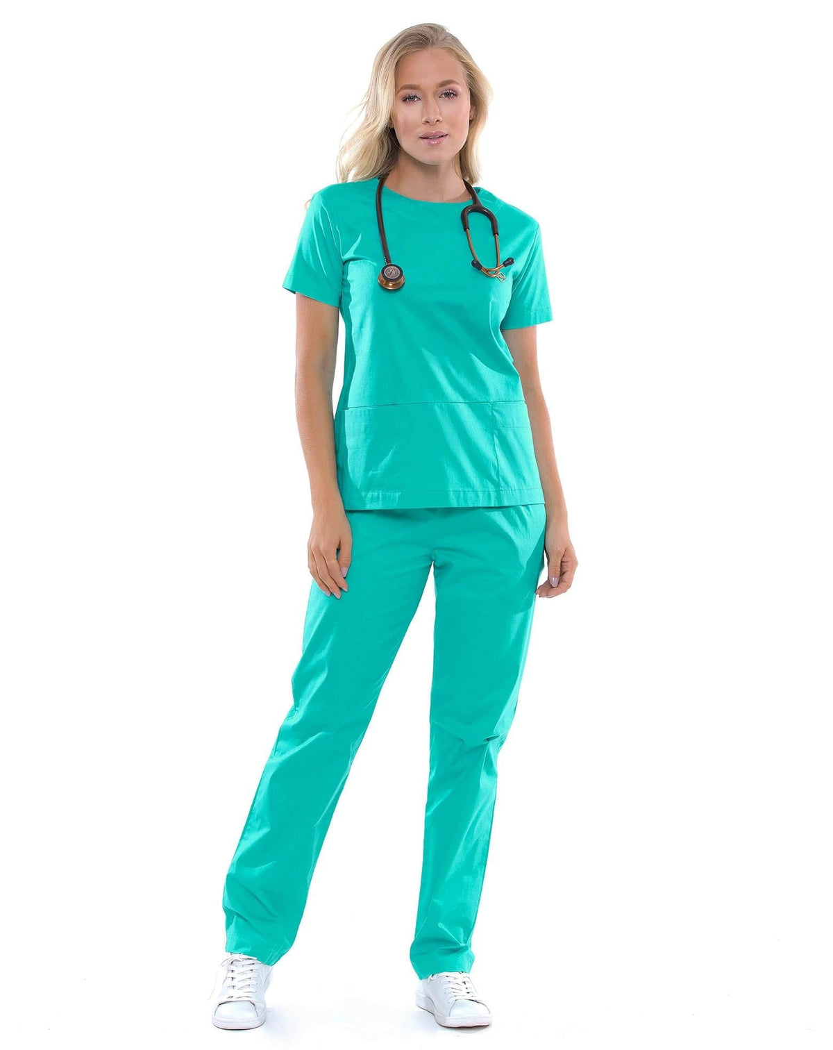 Scrub feminino Confort tiffany em corpo inteiro, modelo com estetoscópio e conjunto de blusa e calça — foto 3