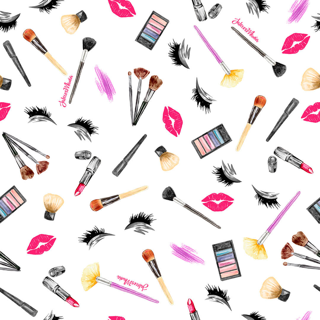Touca bandana feminina Make Up, detalhe da estampa de maquiagem com batons vermelhos, pincéis, paletas e beijos — foto 2