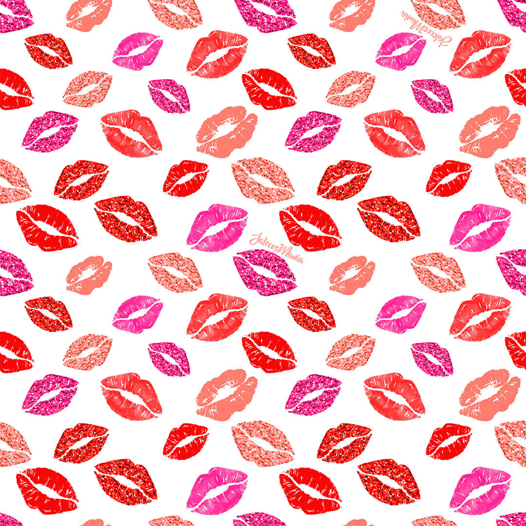 Detalhe da estampa Mil Beijos: marcas de beijo de batom vermelho, rosa e coral em fundo branco — foto 3